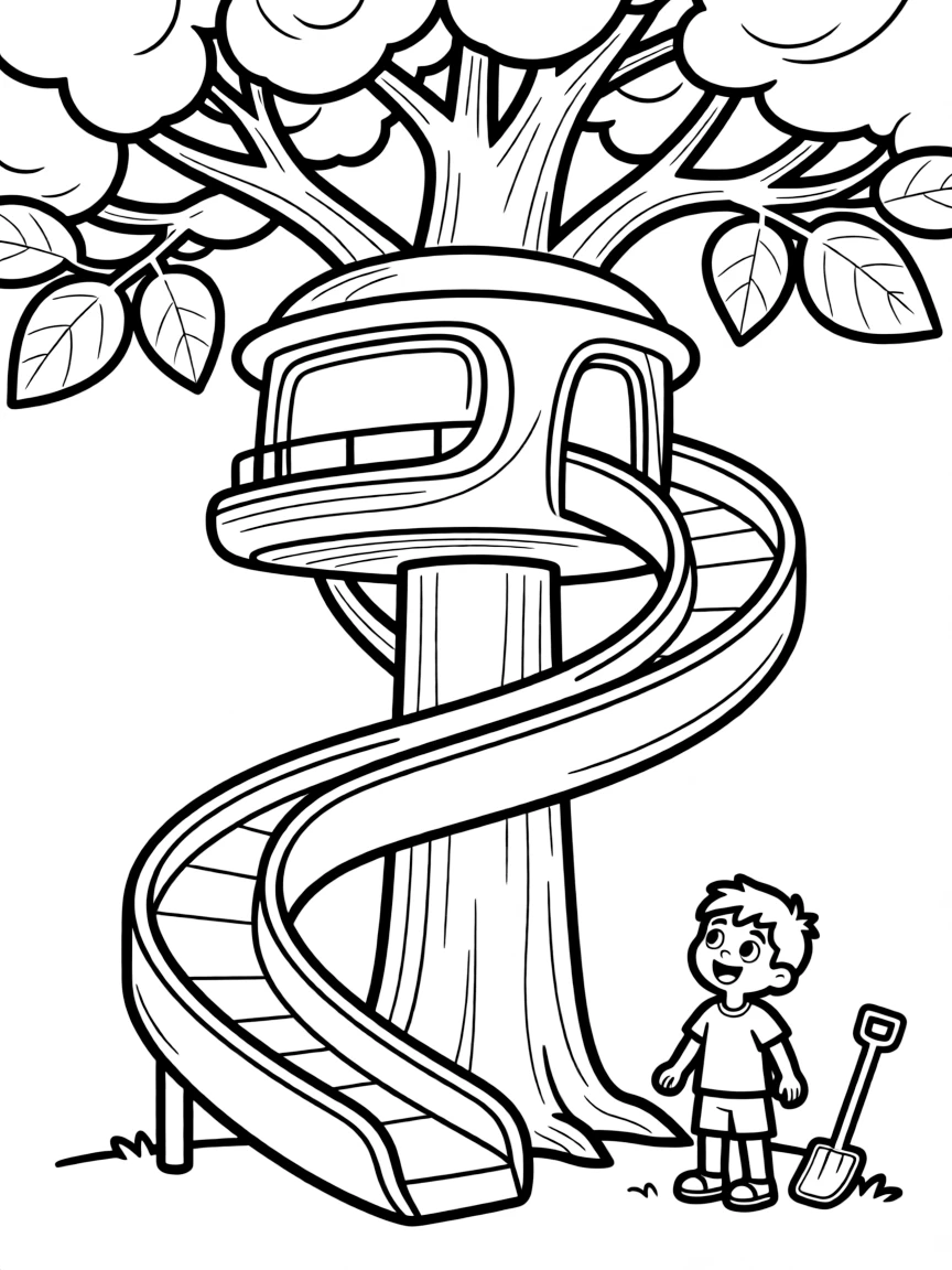 (future) A futuristic treehouse with a slide.