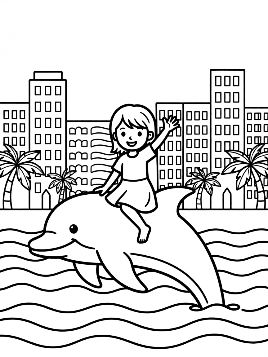 (future) A girl riding a dolphin in an ocean city.