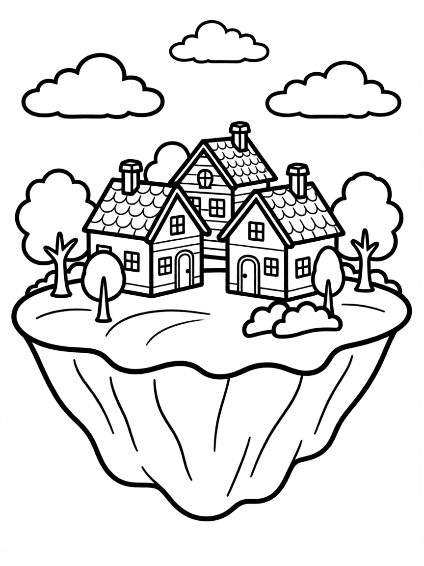 (future) A floating island with a small town on it.