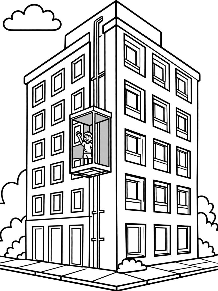 (future) A transparent elevator going up a tall building.