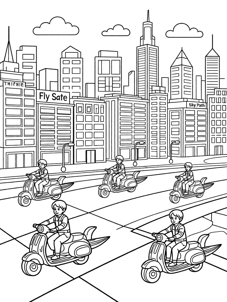 (future) A city with pathways for flying bikes.