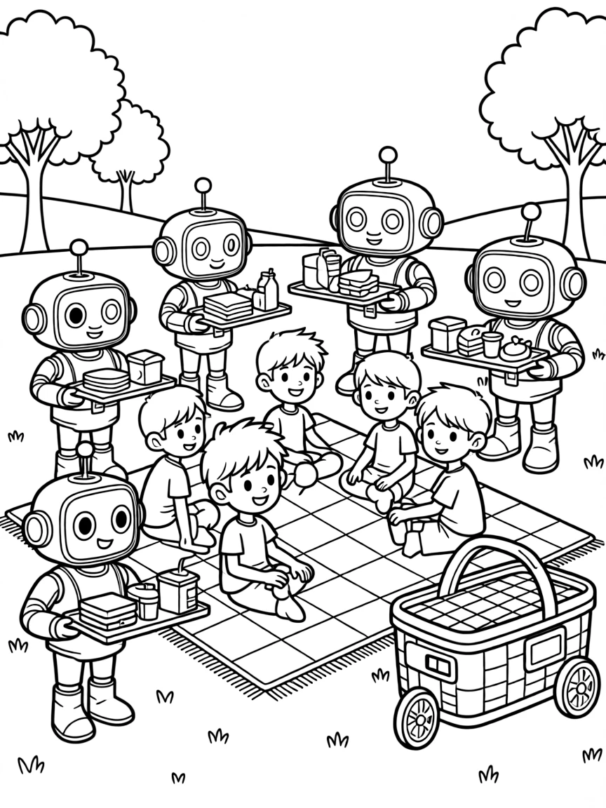 (future) A futuristic picnic with robot waiters.