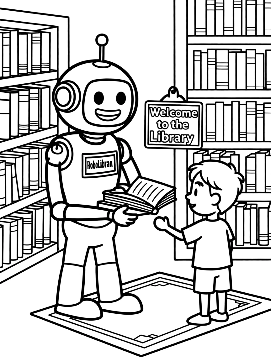 (future) A robot librarian helping a child find a book.