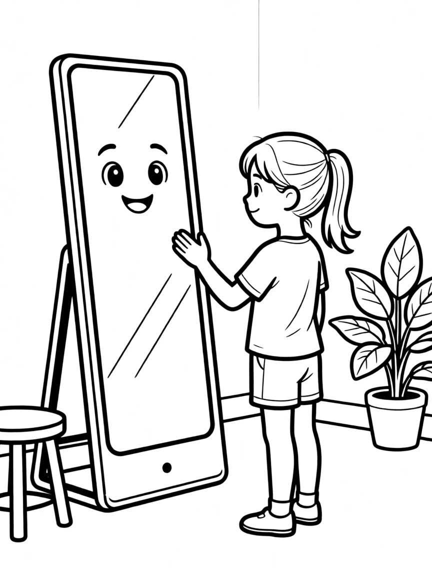 (future) A girl talking to a smart mirror.