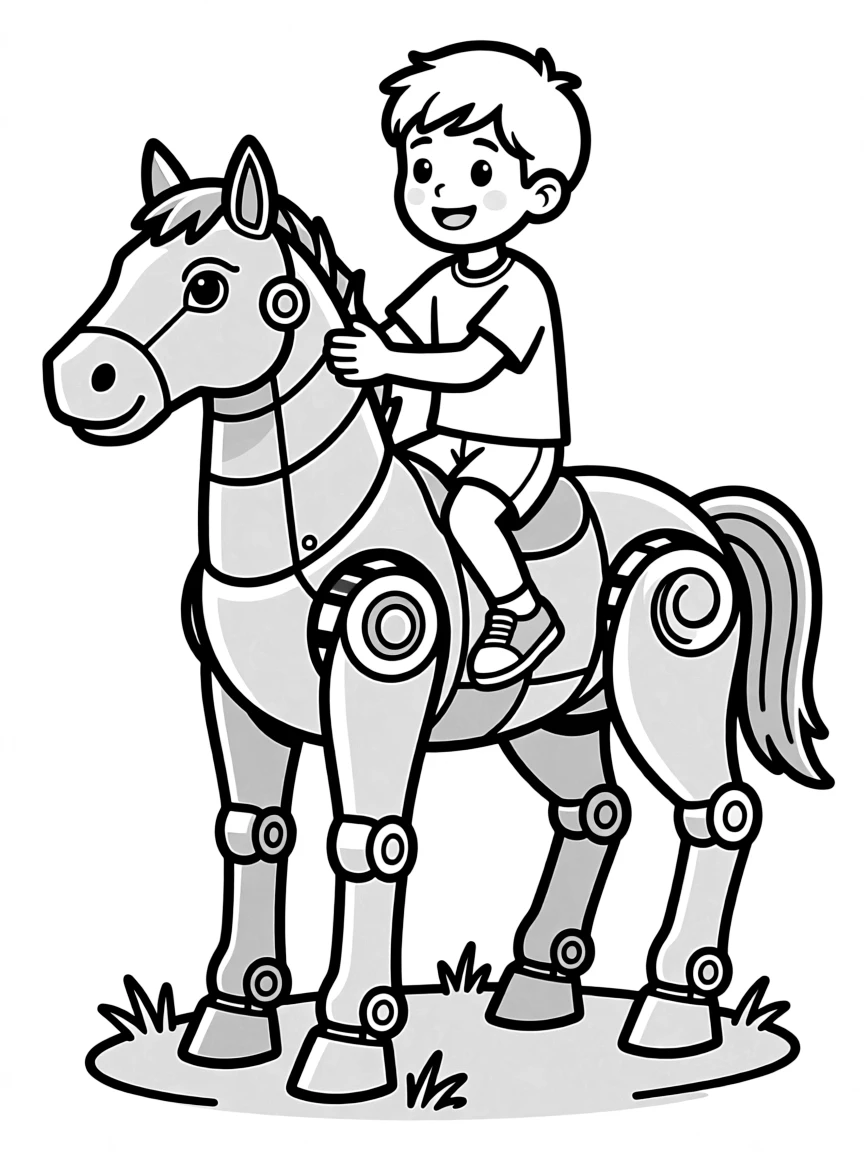(future) A boy riding a robot horse.