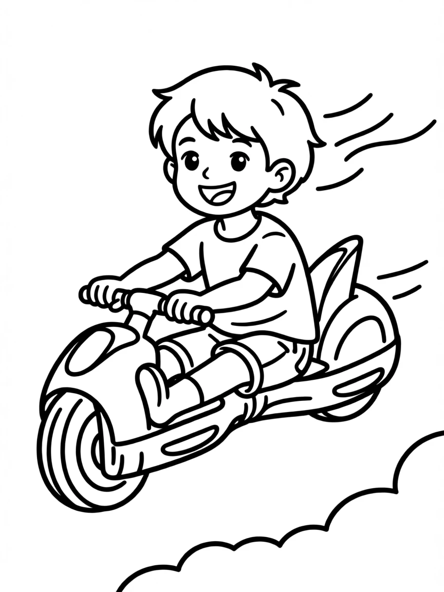 (future) A child riding a personal flying device.