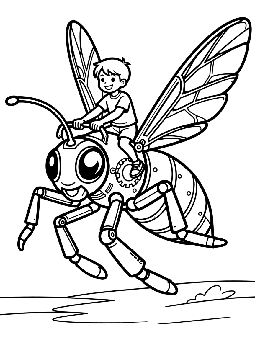 (future) A child riding a giant robot insect.