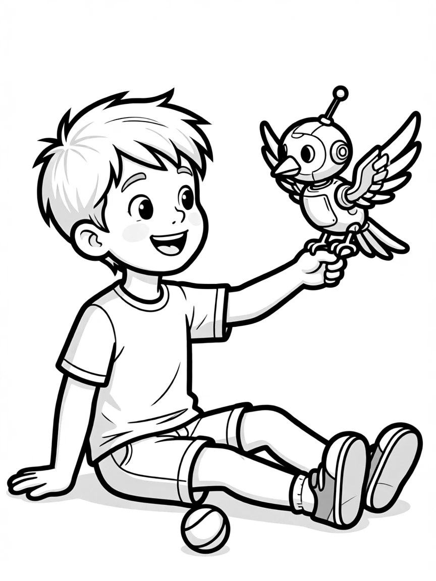 (future) A boy playing with a robot pet bird.