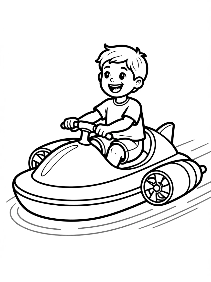 (future) A child riding a personal hovercraft.