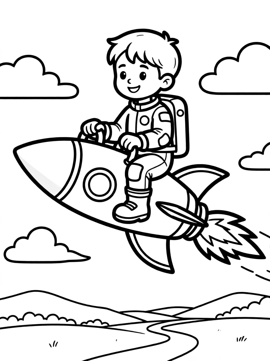 (future) A child riding a personal rocket.
