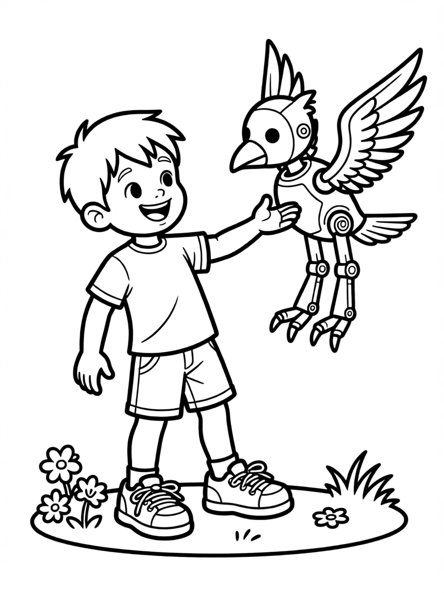 (future) A boy playing with a robot pet bird.