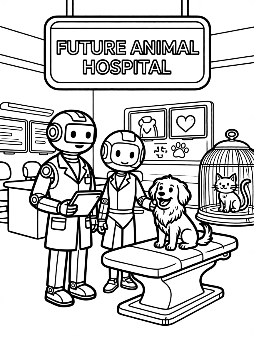 (future) A futuristic animal hospital with robot vets.