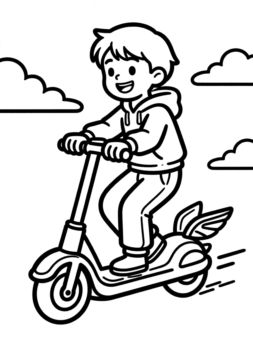 (future) A child riding a flying scooter.