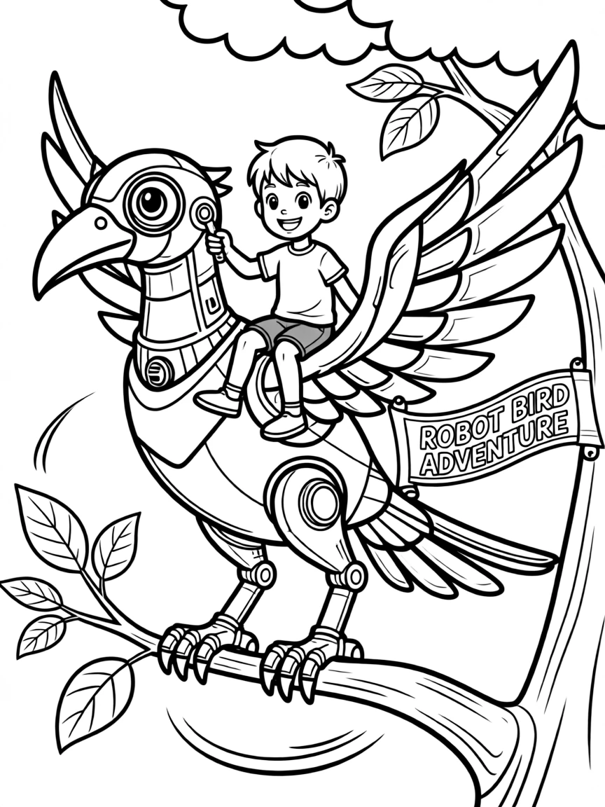 (future) A child riding a giant robot bird.