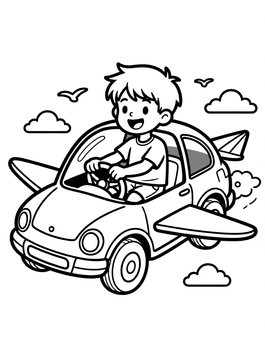 (future) A child riding a flying car.