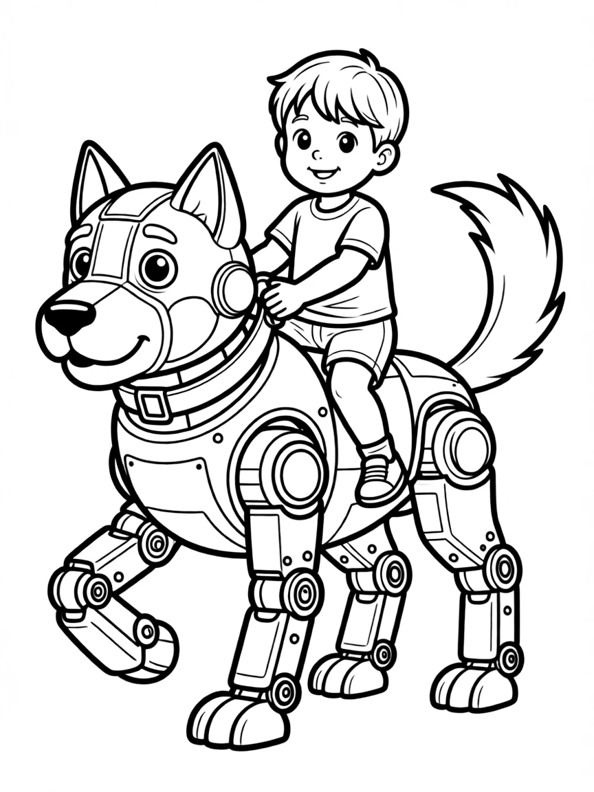 (future) A child riding a giant robot dog.