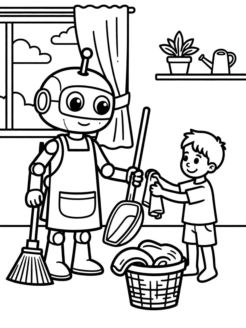 (future) A robot helping a child with their chores.