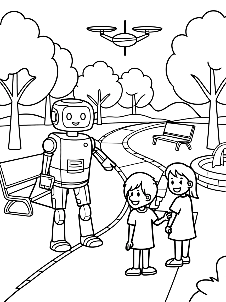 (future) A futuristic park with a robot tour guide.