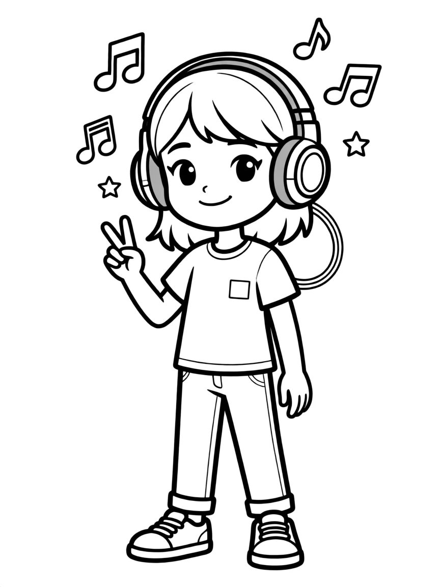 (future) A girl with futuristic earbuds that play music in her head.
