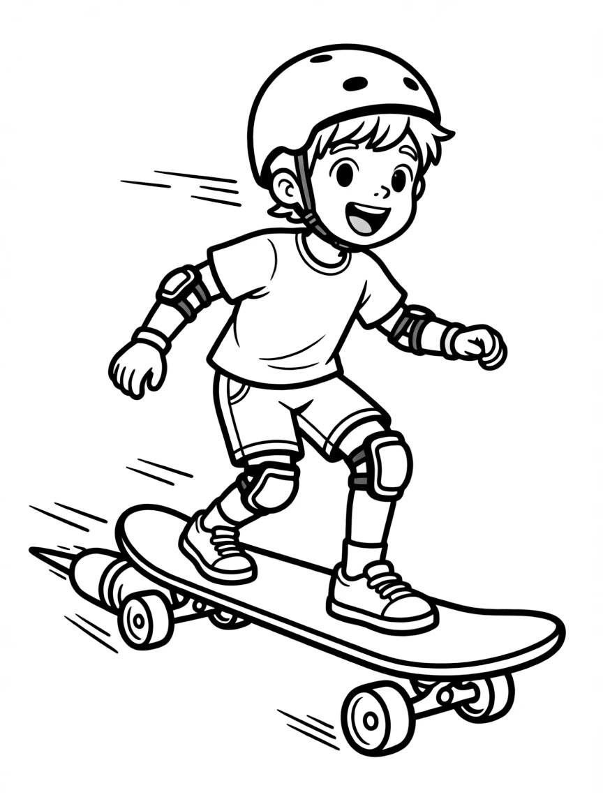 (future) A child riding a personal rocket-powered skateboard.
