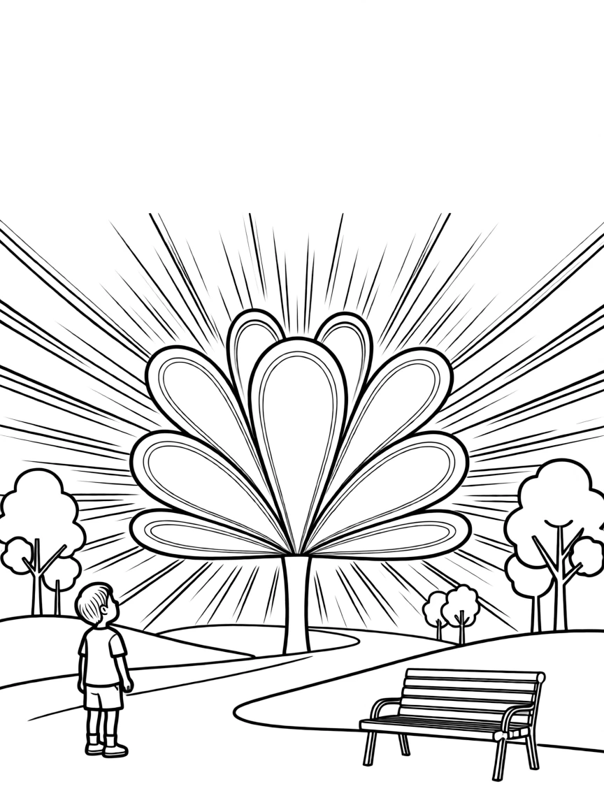 (future) A futuristic park with a giant flower made of light.