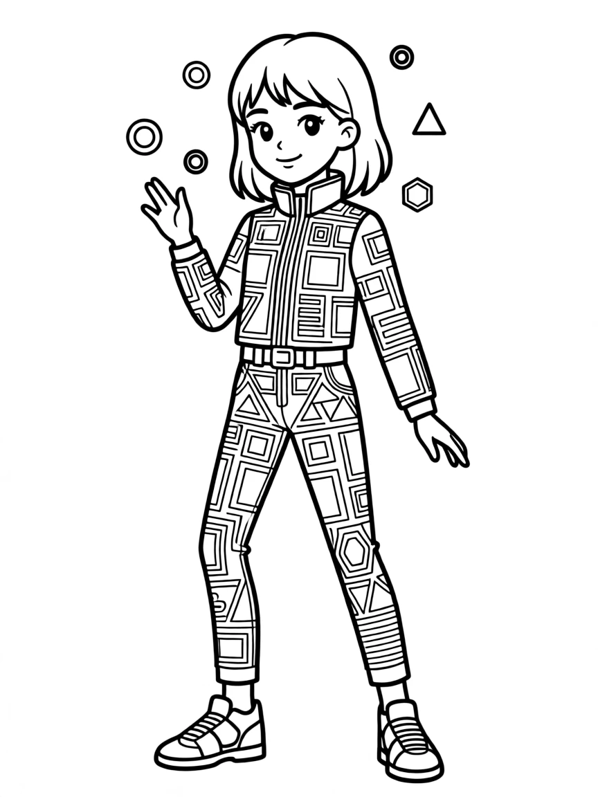 (future) A girl with futuristic clothes that change patterns.
