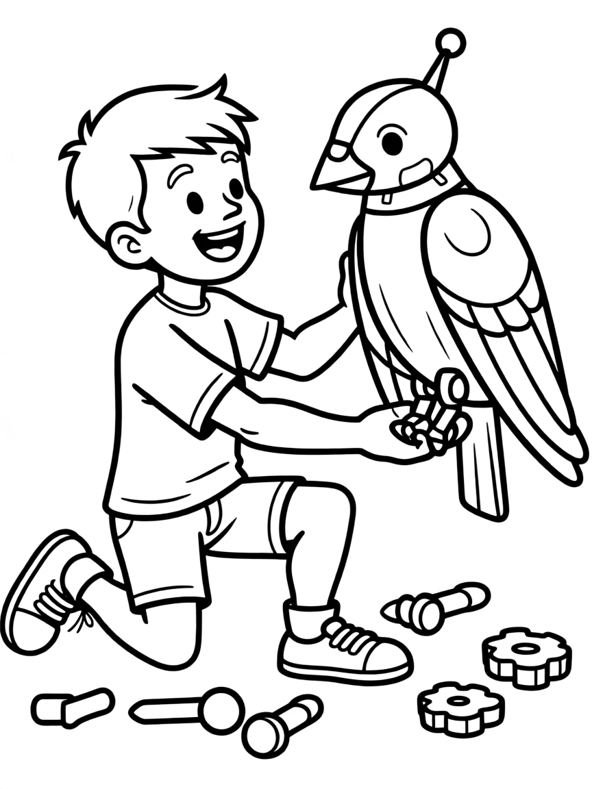 (future) A boy playing with a robot pet bird.