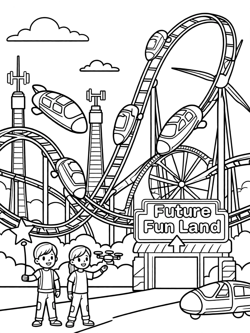 (future) A futuristic amusement park with flying roller coasters.