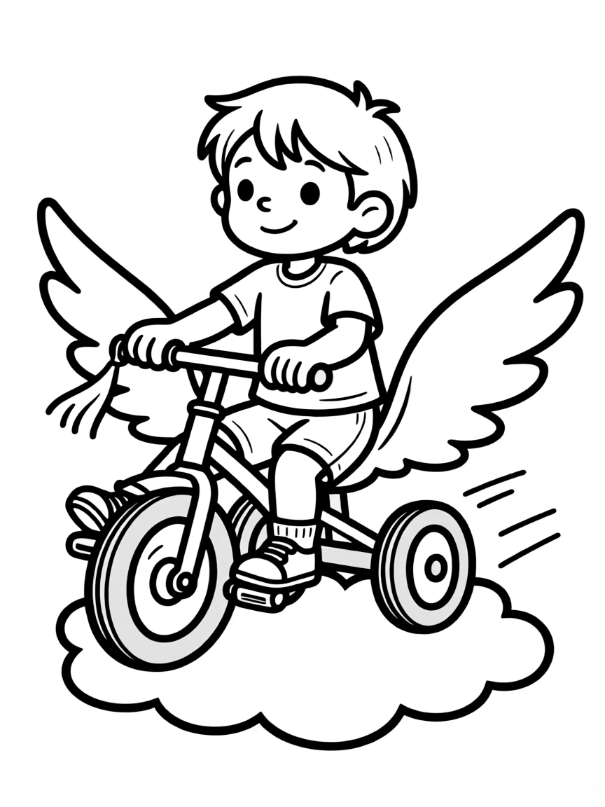 (future) A child riding a flying tricycle.