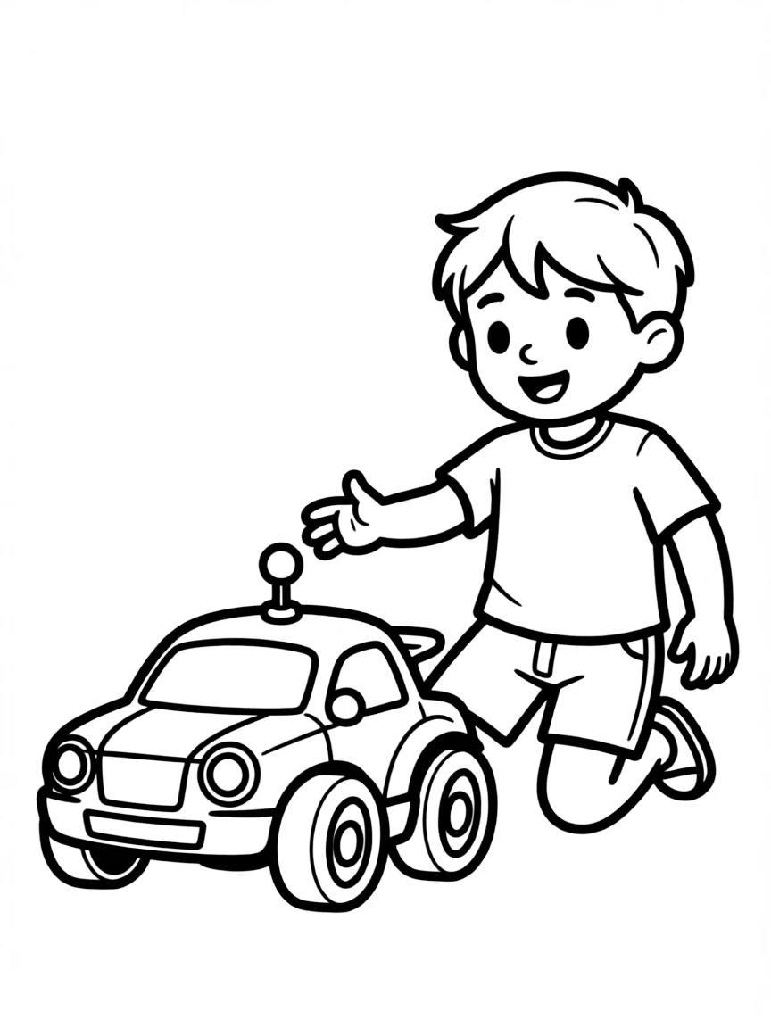 (future) A boy playing with a robot toy car that drives itself.