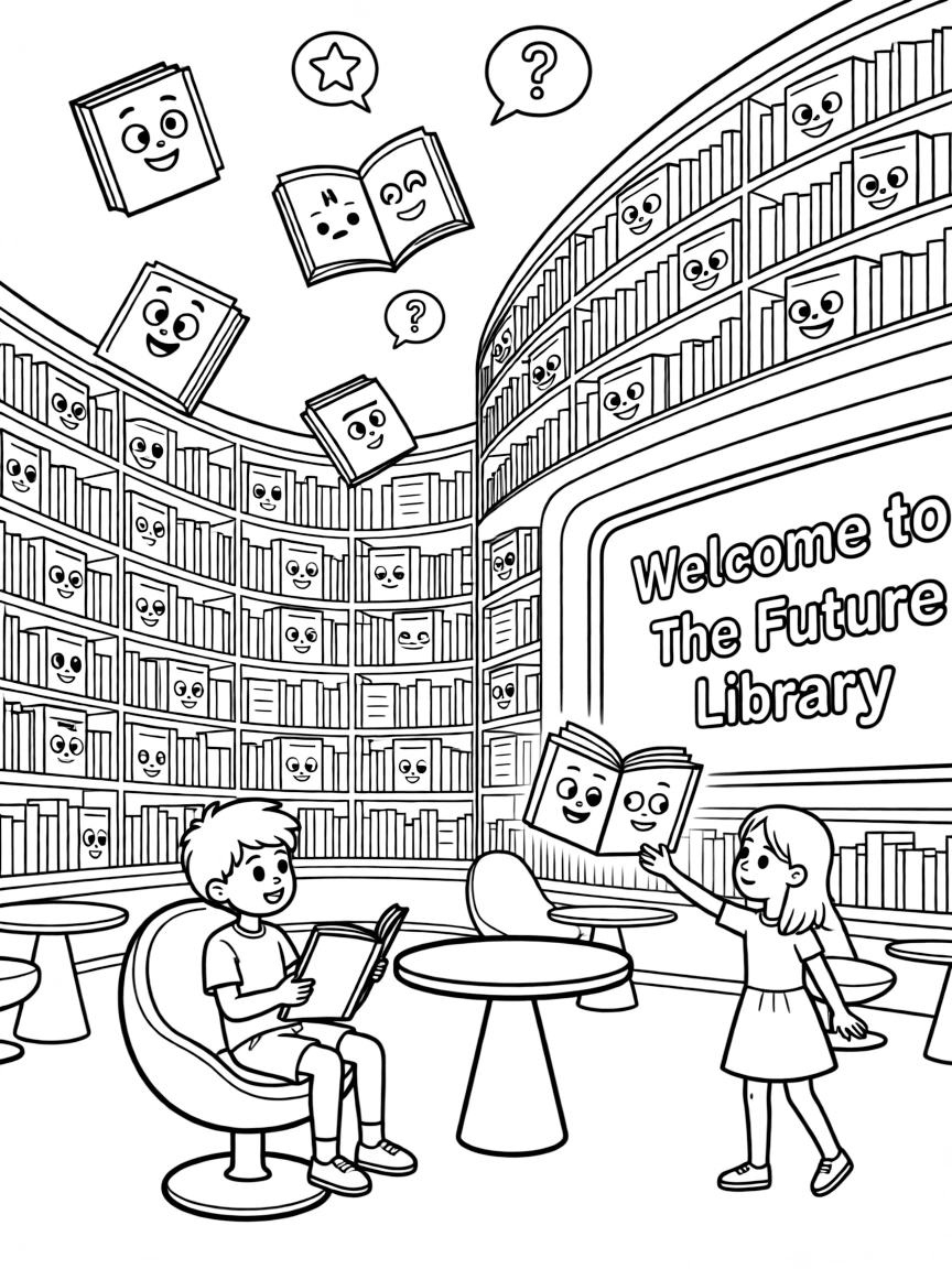 (future) A futuristic library with talking books.