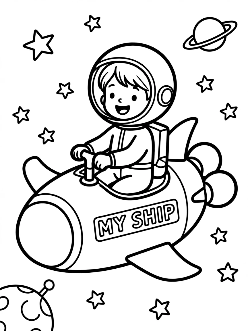 (future) A child riding a personal spaceship.