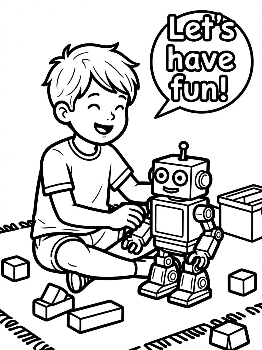 (future) A boy playing with a robot action figure.