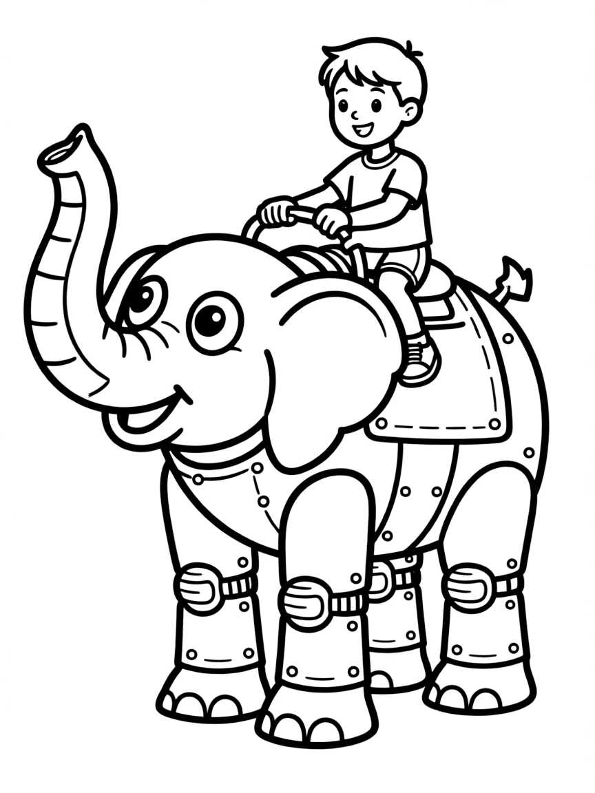 (future) A child riding a giant robot elephant.