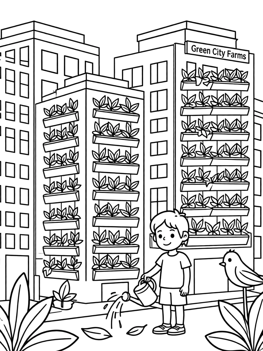 (future) A city with vertical farms on buildings.