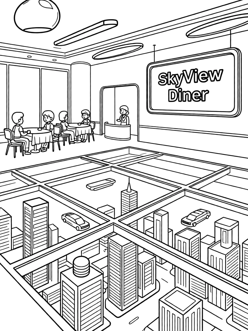 (future) A futuristic restaurant with a transparent floor.