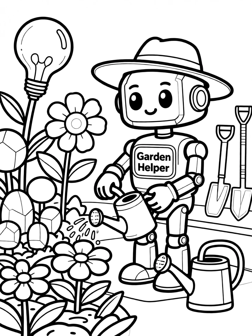 (future) A robot helping with gardening in a futuristic garden.