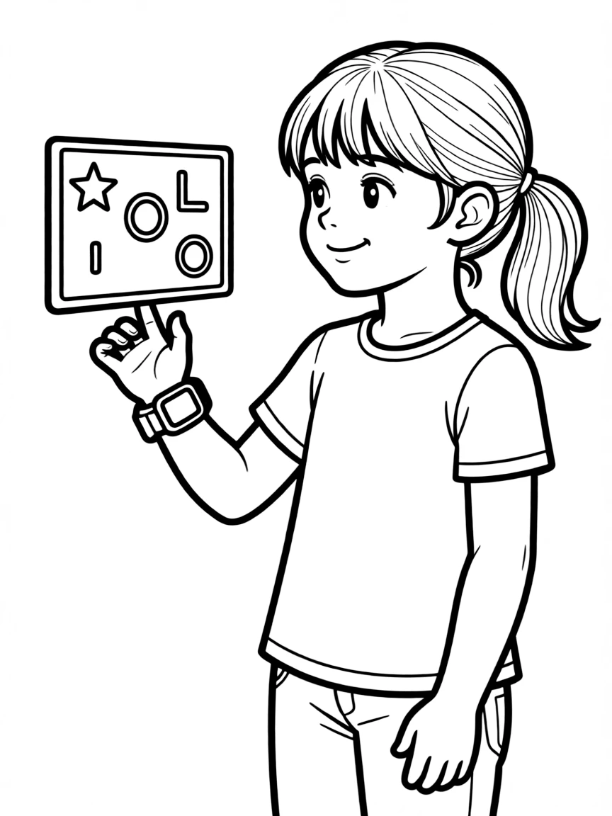 (future) A girl with a futuristic wristband that projects a screen.
