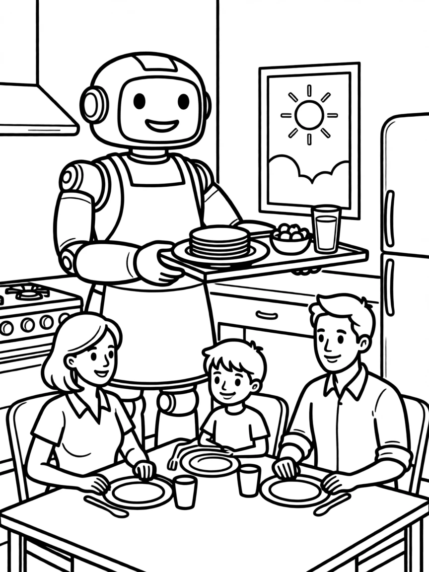 (future) A robot serving a family breakfast.