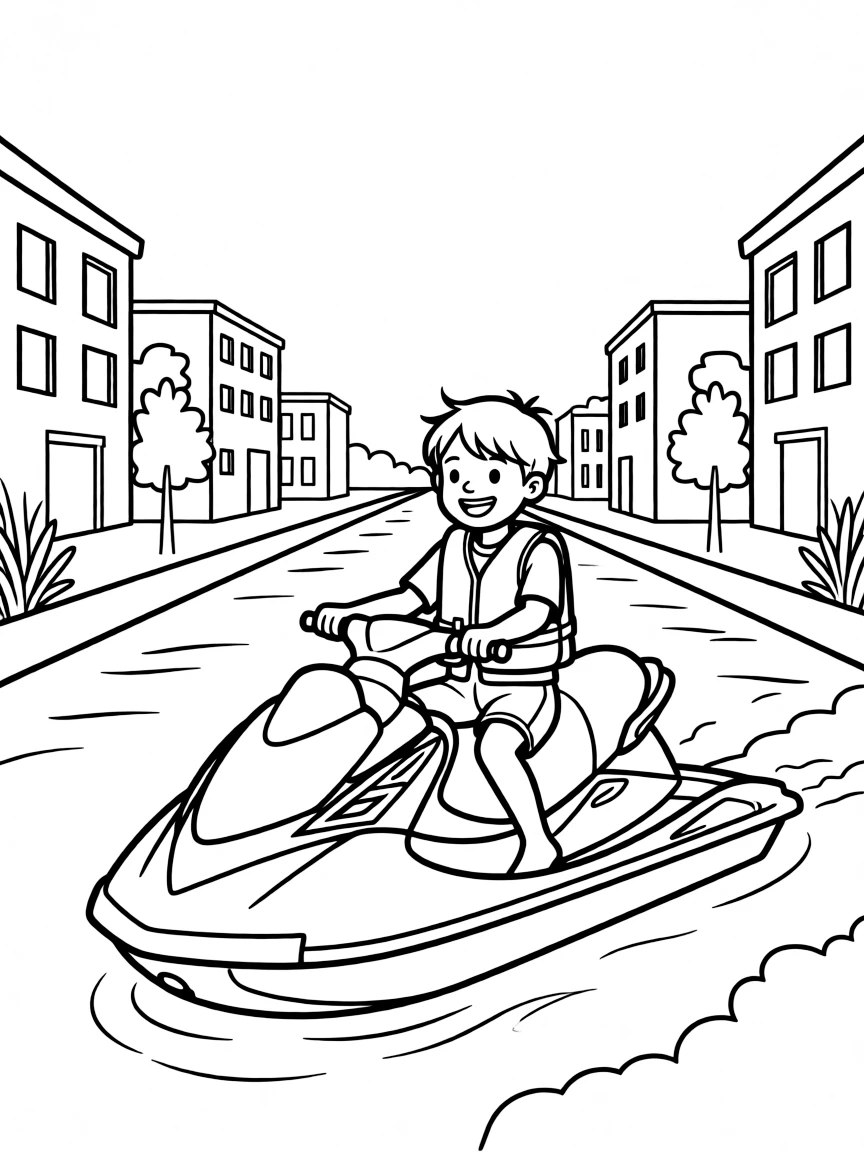 (future) A child riding a personal jet ski on a city canal.