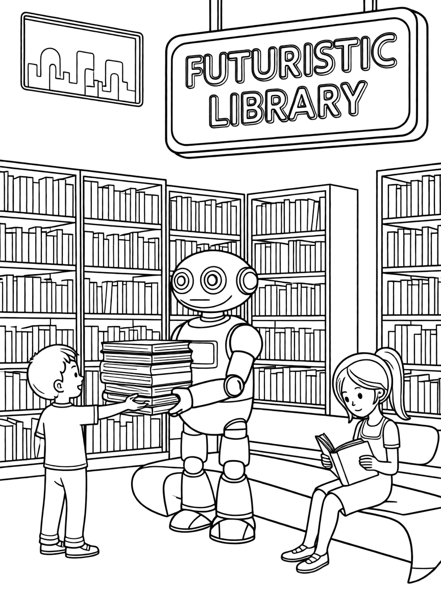 (future) A futuristic library with a robot book delivery system.
