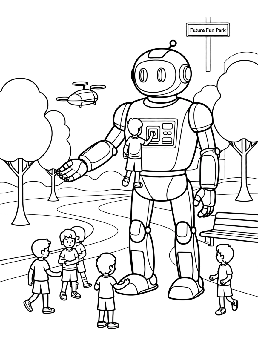 (future) A futuristic park with a giant interactive robot.