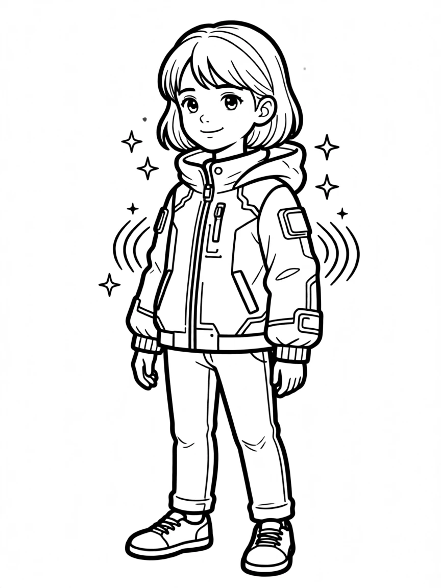 (future) A girl with a futuristic jacket that self-cleans.
