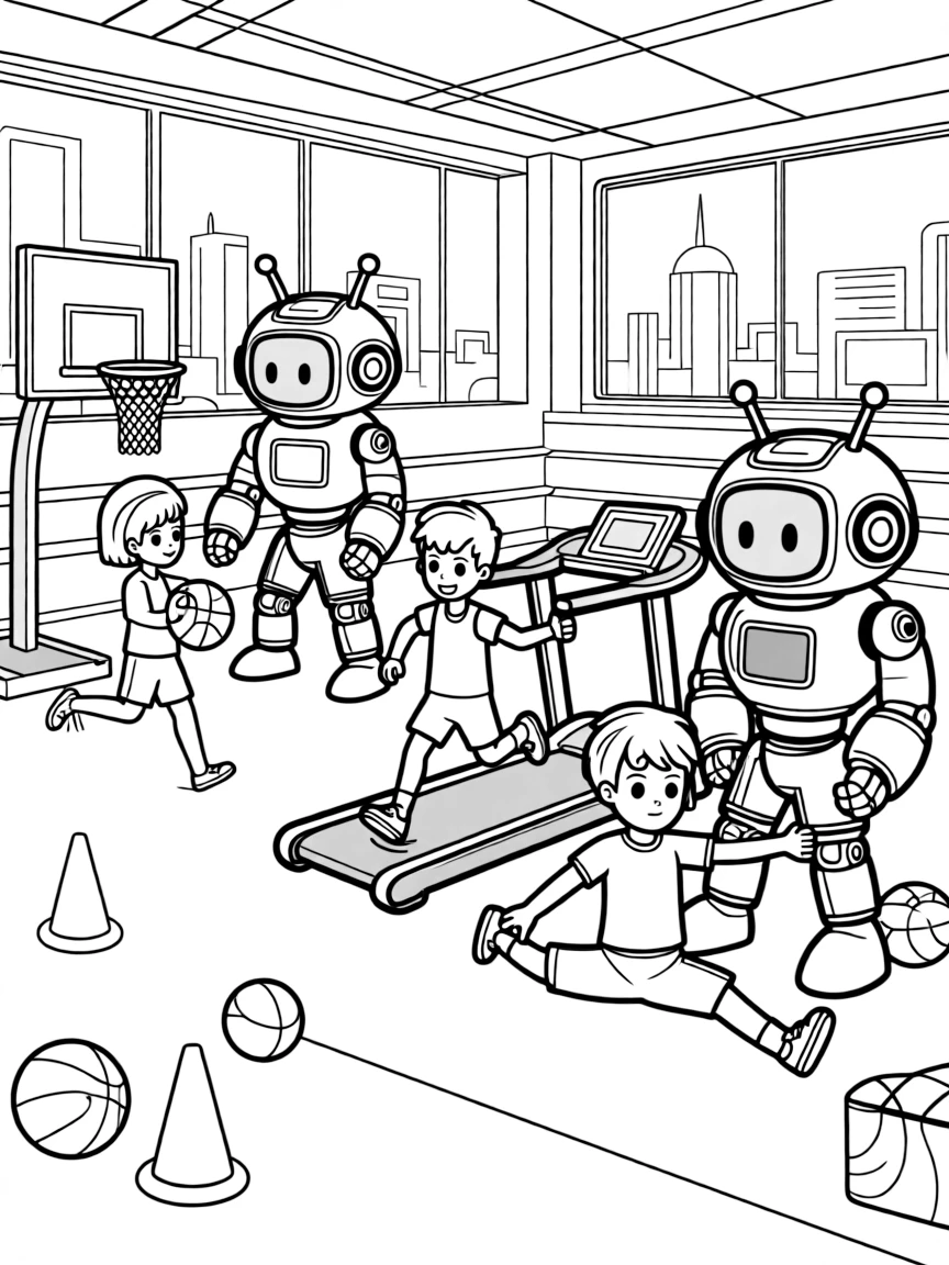 (future) A futuristic sports center with robot coaches.