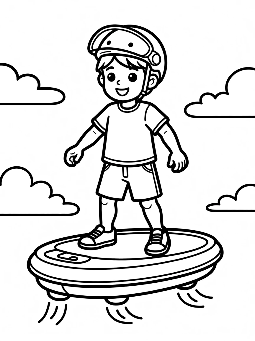 (future) A child riding a personal flying platform.