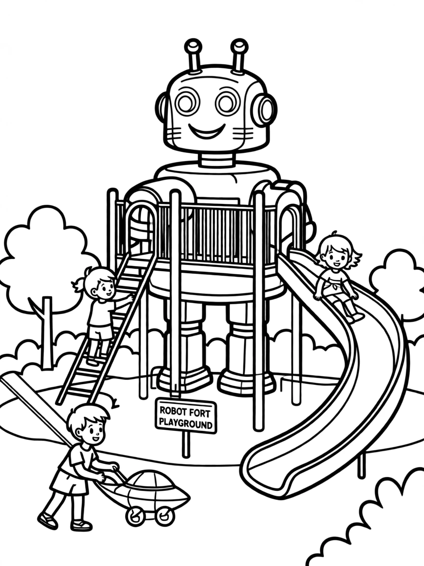 (future) A futuristic playground with a robot fort.