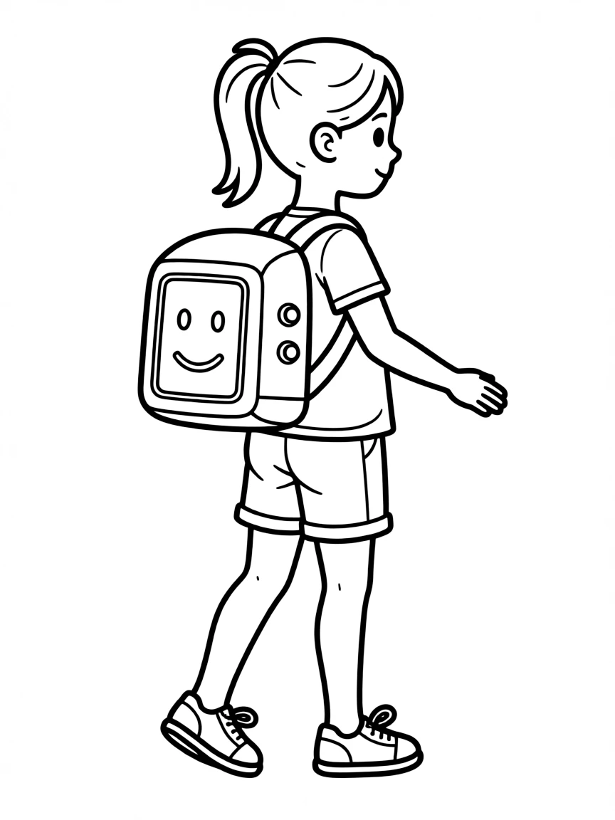 (future) A girl with a futuristic backpack that has a built-in screen.