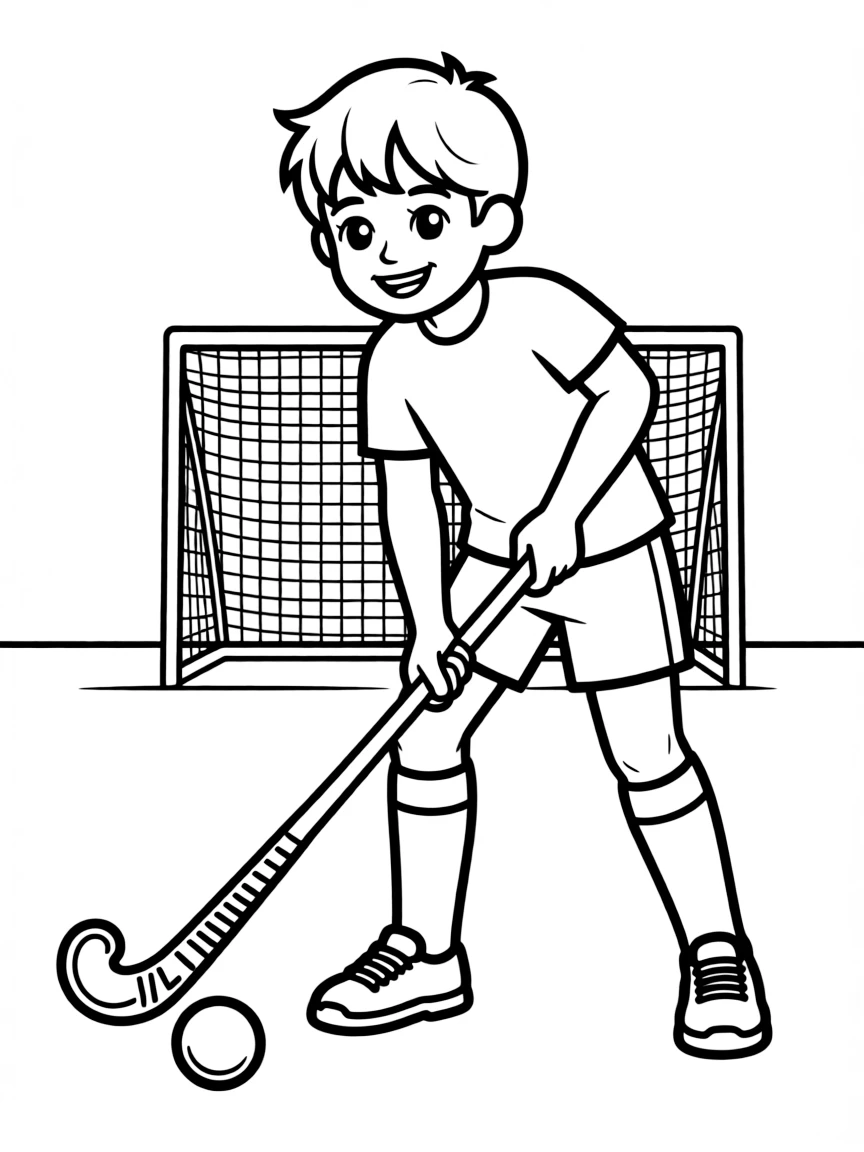 (sports) A child playing field hockey