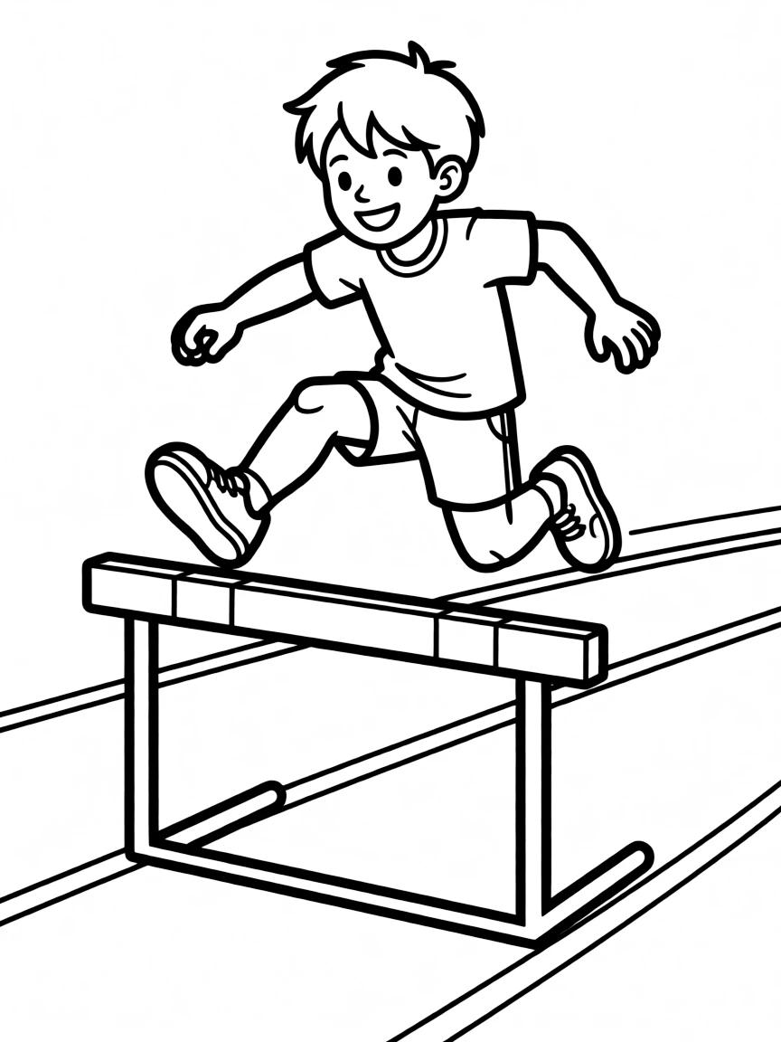 (sports) A child jumping over a hurdle