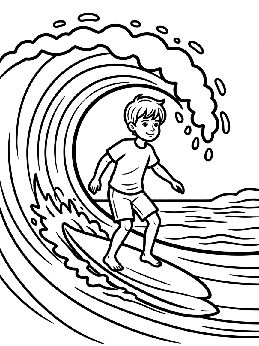 (sports) A child surfing a wave